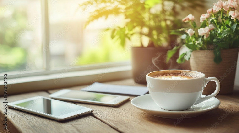 Sunny cafe, steaming latte, phones, plants Sunny cafe, steaming latte, phones, plants