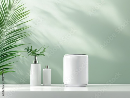 Wallpaper Mural Elegant minimalism, still life with white vase and bottle on table, embracing serenity simplicity in home decor Torontodigital.ca