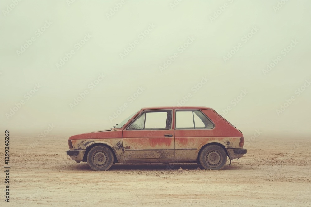 Fototapeta premium A weathered red car parked in an empty dusty desert landscape