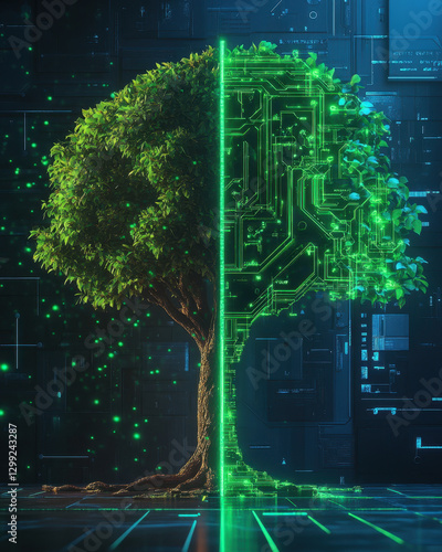 Futuristic tree divided between nature and technology