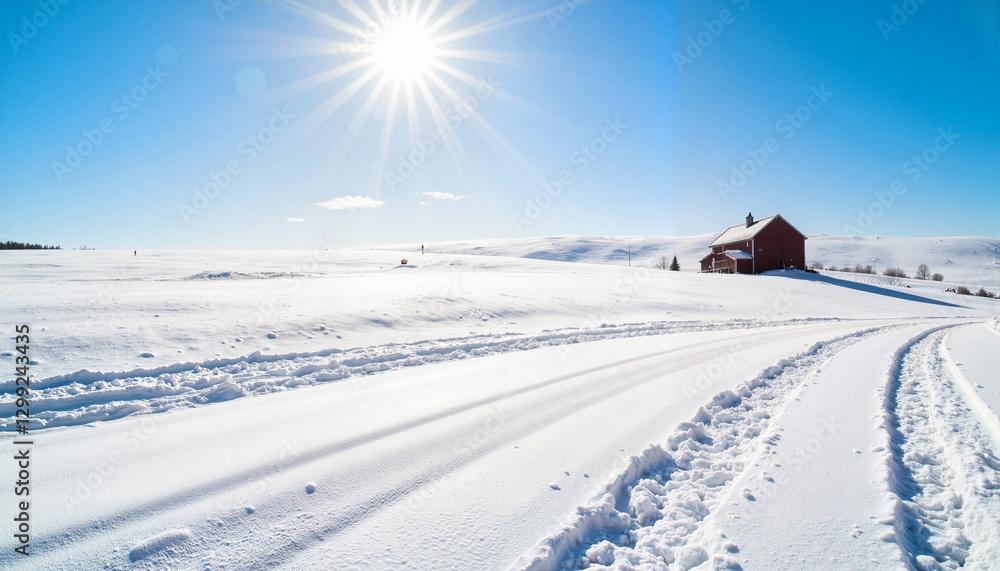 Bright sunny landscape with snowbank and barn, rural winter beauty Bright sunny landscape with snowbank and barn, rural winter beauty