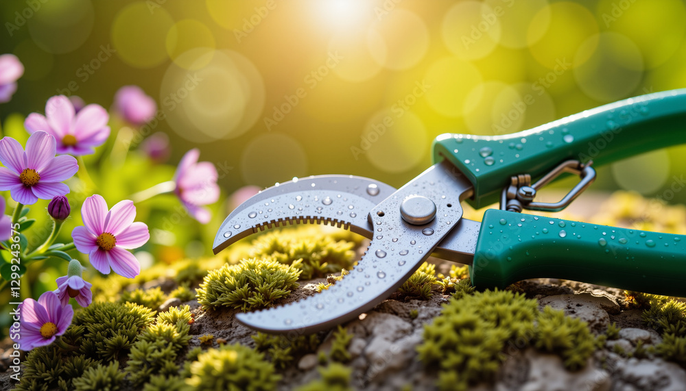 Obraz premium Dew-covered pruning shears on mossy rock in garden, nature's freshness