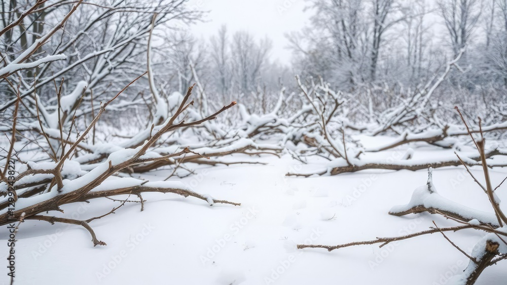Obraz premium winter landscape with rustic branches scattered across the snow-covered ground, serene atmosphere, rustic branches