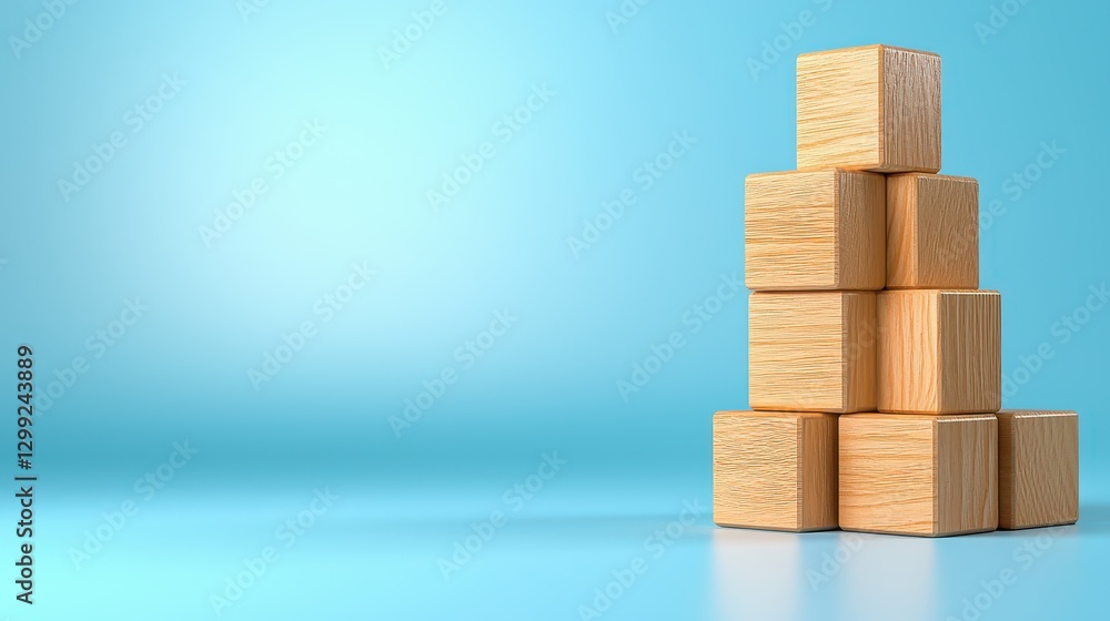 Stack of wooden blocks on a blue background, study in balance, color, and geometry Stack of wooden blocks on a blue background, study in balance, color, and geometry