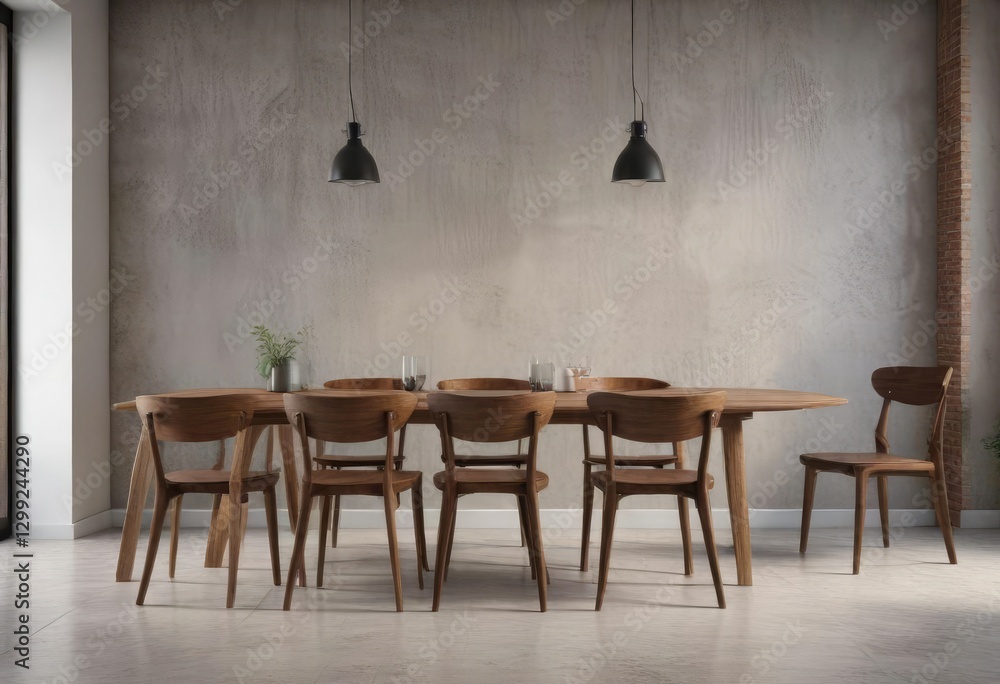 Wooden dining table and chairs set against blank wall, simplicity, wood Wooden dining table and chairs set against blank wall, simplicity, wood