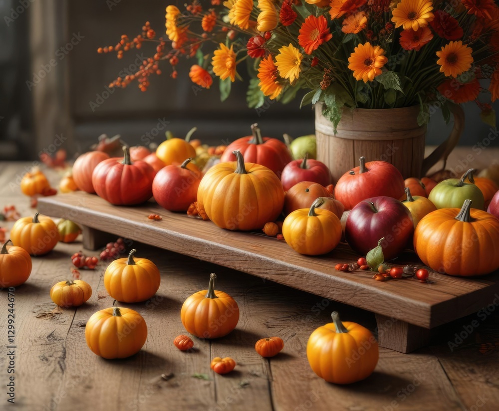 Wooden table with pumpkins, apples, and fall flowers , pumpkin, wood, seasonal Wooden table with pumpkins, apples, and fall flowers , pumpkin, wood, seasonal