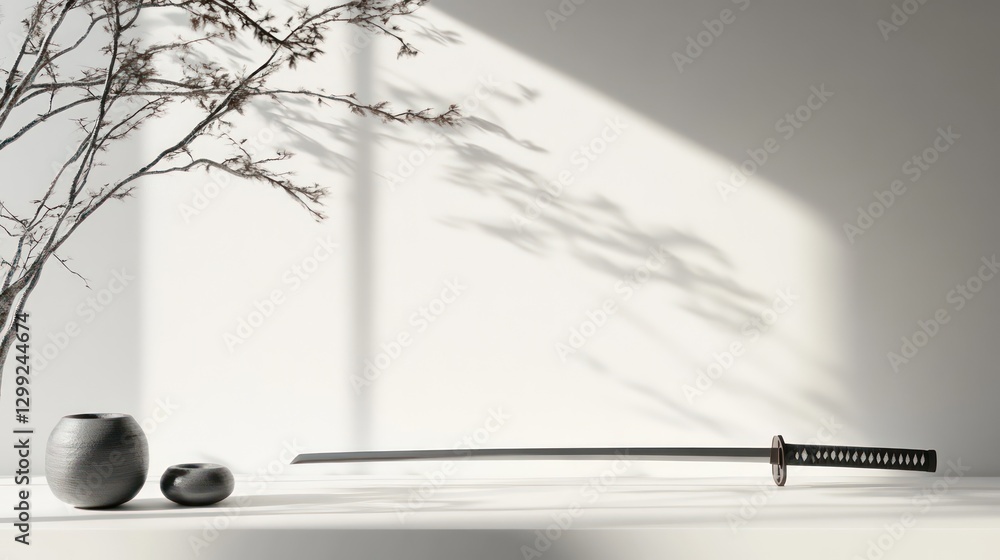 Minimalist katana display, sunlit room, plant, zen Minimalist katana display, sunlit room, plant, zen