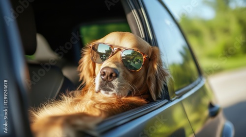 Golden retriever wearing sunglasses enjoys a sunny car ride with the window down on a warm day