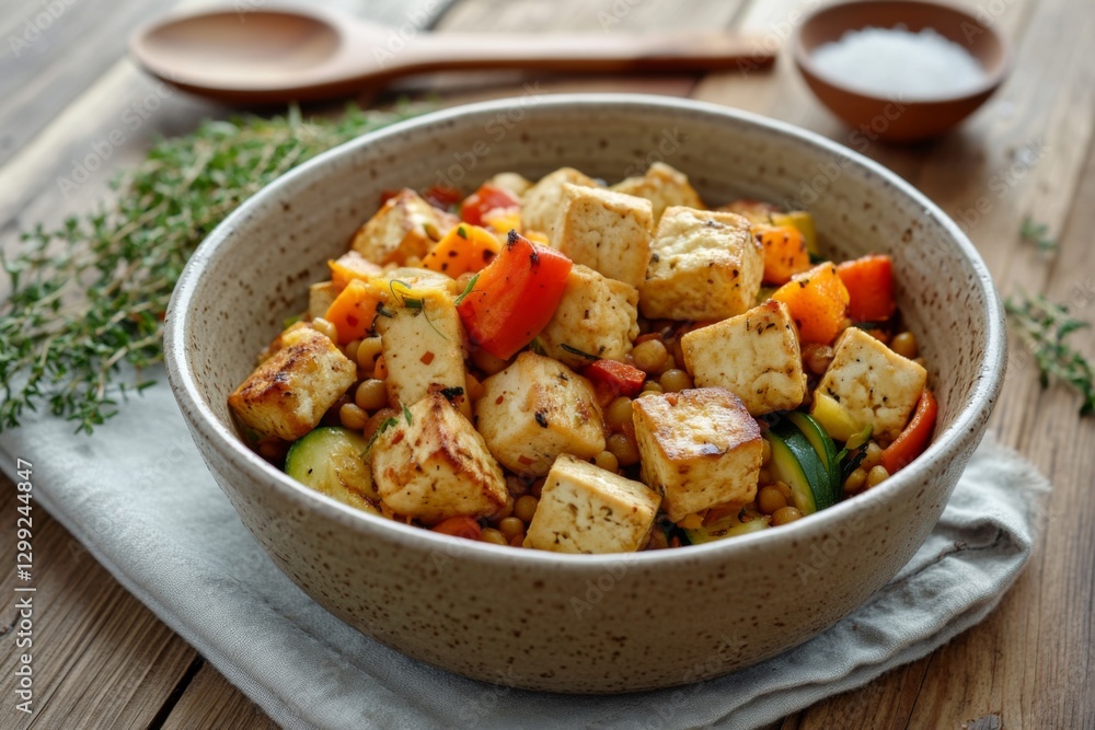 A plant-based stew in a ceramic bowl with chickpeas, lentils, tofu, and roasted vegetables, set on a rustic wooden table A plant-based stew in a ceramic bowl with chickpeas, lentils, tofu, and roasted vegetables, set on a rustic wooden table