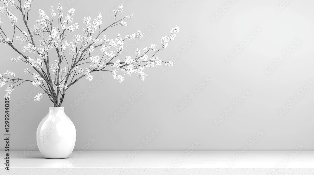White vase with cherry blossoms on a white shelf White vase with cherry blossoms on a white shelf