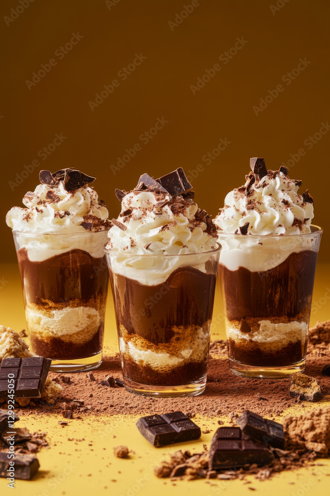 Three transparent glass cups filled with chocolate mousse, topped with whipped cream, grated chocolate, and a biscuit base Three transparent glass cups filled with chocolate mousse, topped with whipped cream, grated chocolate, and a biscuit base