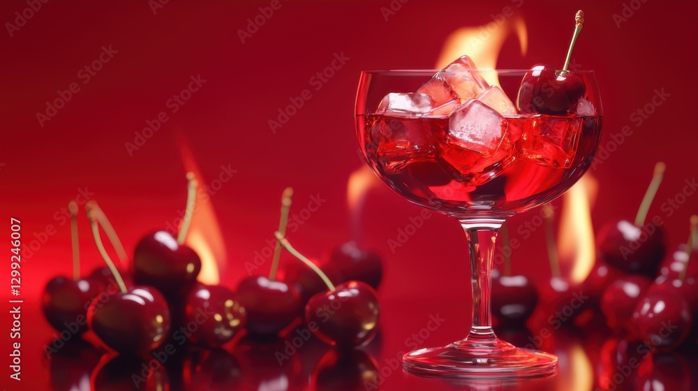 Cherries in cocktail glass with ice surrounded by flames and fresh cherries on a red background Cherries in cocktail glass with ice surrounded by flames and fresh cherries on a red background