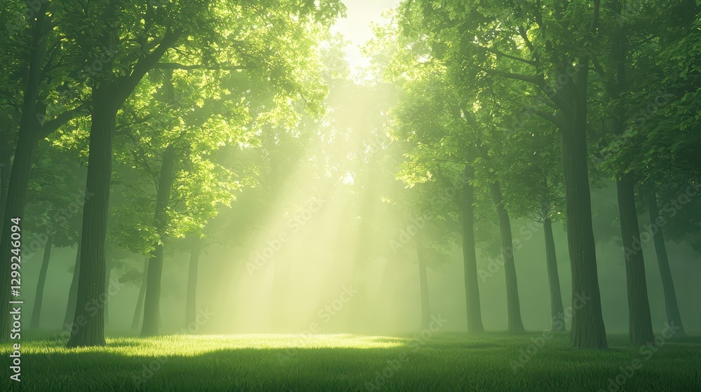 Obraz premium Sunbeam piercing through a misty forest, magical and enchanting nature photography