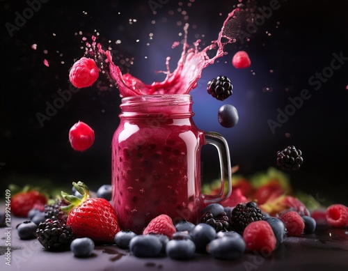 Fotografía profesional, un frasco de smoothie de frutas del bosque, con smoothie de frutas del bosque salpicando del frasco, y frutas del bosque alrededor, en un bosque realista, 4k