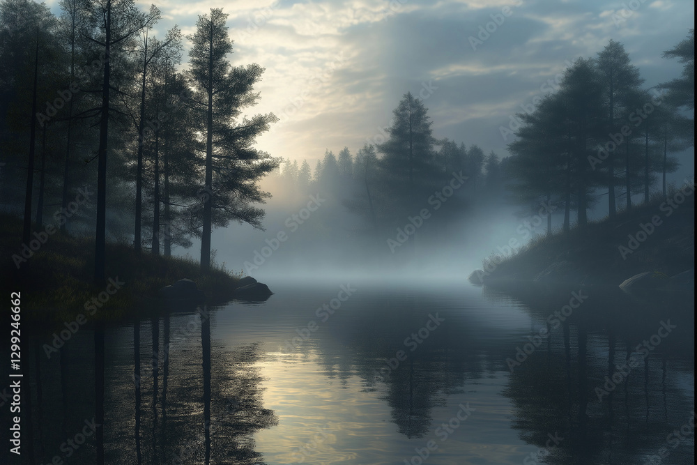 Fototapeta premium Misty landscape with trees and forest. Beautiful natural landscape background. View of lake trees fog in Norway. Scandinavia image with water and nature.