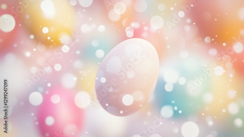 Colorful eggs surrounded by soft snowflakes create a whimsical atmosphere in pastel hues during a festive celebration