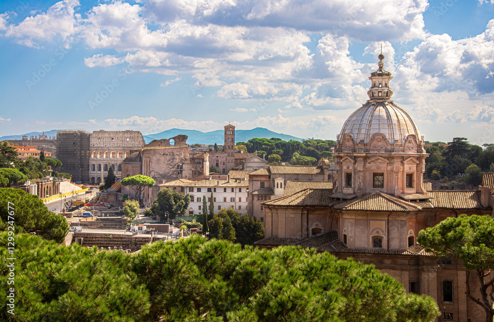 Obraz premium A stunning view captures the grandeur of ancient Roman architecture with the Colosseum in the background and the church of Santi Luca e Martina in the foreground on a summer day in Rome, Italy.
