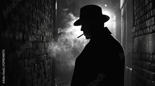 Man smoking in dark alley at night