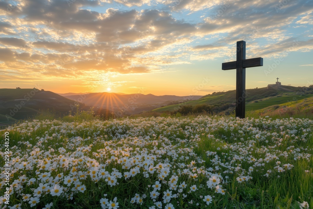 Bright and peaceful Easter morning with a vast flower field and a wooden cross Bright and peaceful Easter morning with a vast flower field and a wooden cross