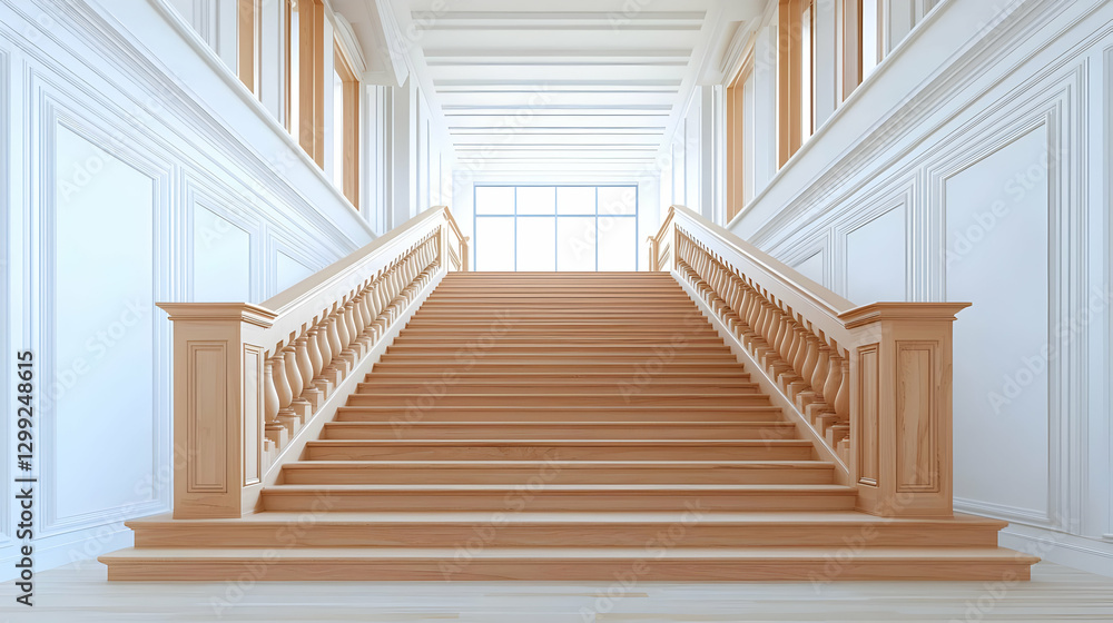 Wooden Staircase Leading Upwards In A Brightly Lit Architectural Interior With White Walls And Decorative Details Wooden Staircase Leading Upwards In A Brightly Lit Architectural Interior With White Walls And Decorative Details