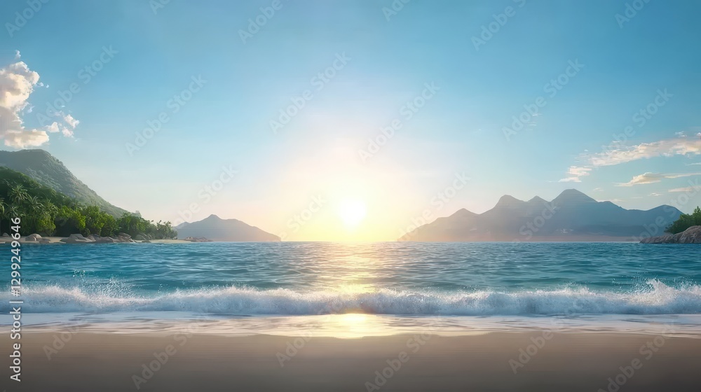 Fototapeta premium Tranquil beach paradise, relaxing ocean views with soft waves and sandy shore for an idyllic getaway