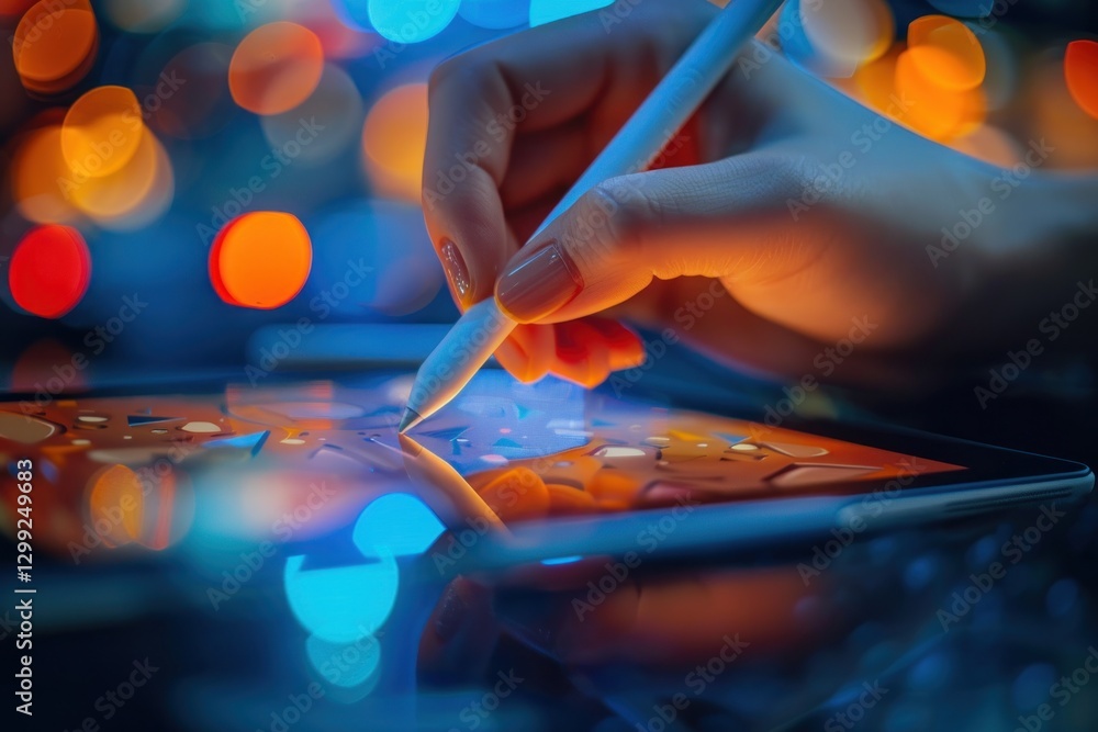 A hand uses a stylus on a tablet to create art in a warm, diffused light A hand uses a stylus on a tablet to create art in a warm, diffused light