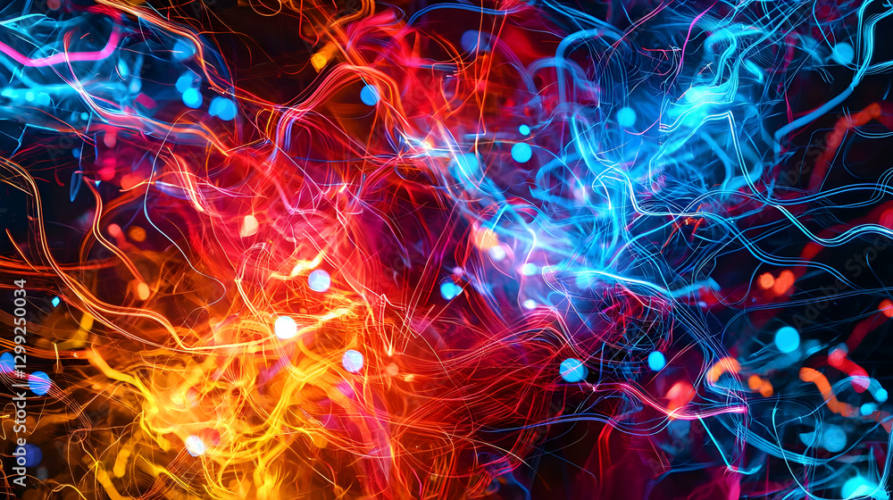 Obraz premium Abstract digital art of flowing light trails in red orange and blue hues against a dark background with energy and motion