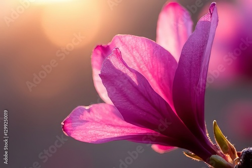 Close-up of a Beautiful Deep Pink Magnolia Flower at Sunrise or Sunset