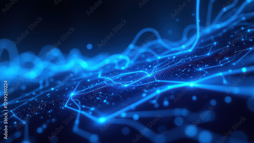 Obraz premium Abstract digital technology background with blue neon light network and dots for cloud computing, cyber security concept.