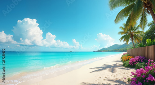 Fototapeta Naklejka Na Ścianę i Meble -  Tropical beach paradise with clear turquoise waters. White sand and lush palm trees under a bright blue sky.