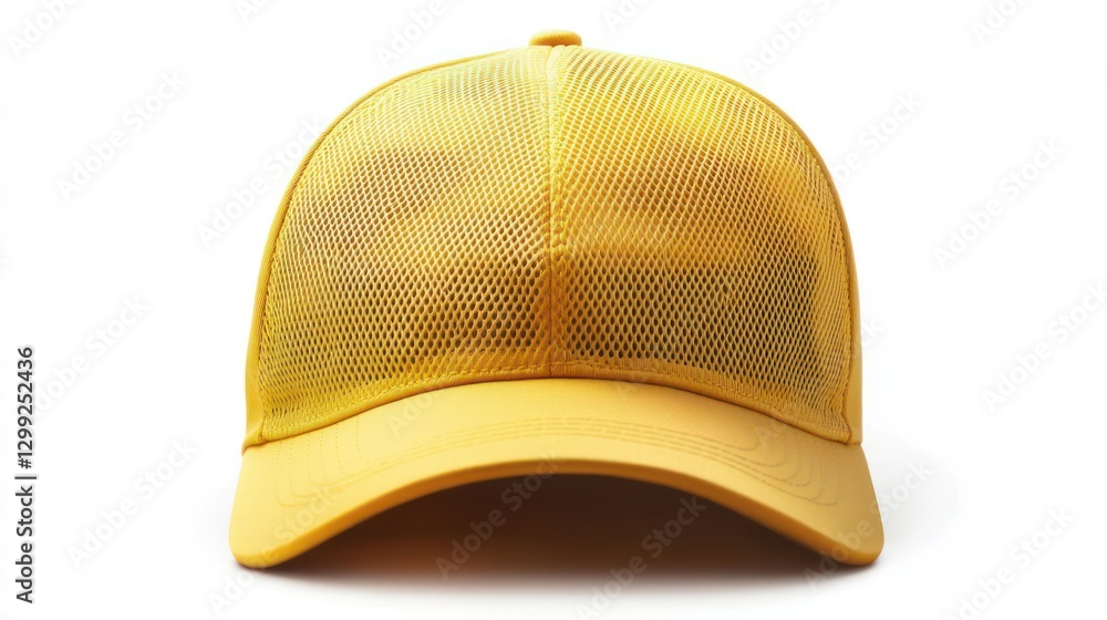 Fototapeta premium A yellow snapback hat with a mesh back panel for breathability, isolated on a white background.