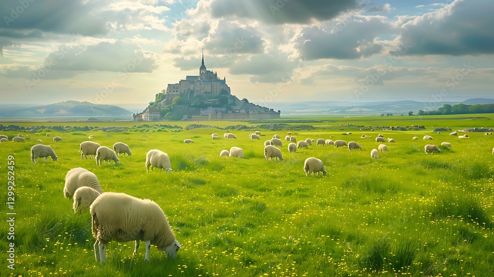 Fototapeta premium Sheep in a meadow with a view of Mont Saint Michel