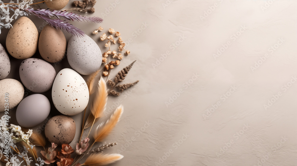 Obraz premium Flat lay composition with Easter eggs and sprin nature materials like herbs and feathers on neutral textured background with copy space. Easter and spring inspiration banner with copy space