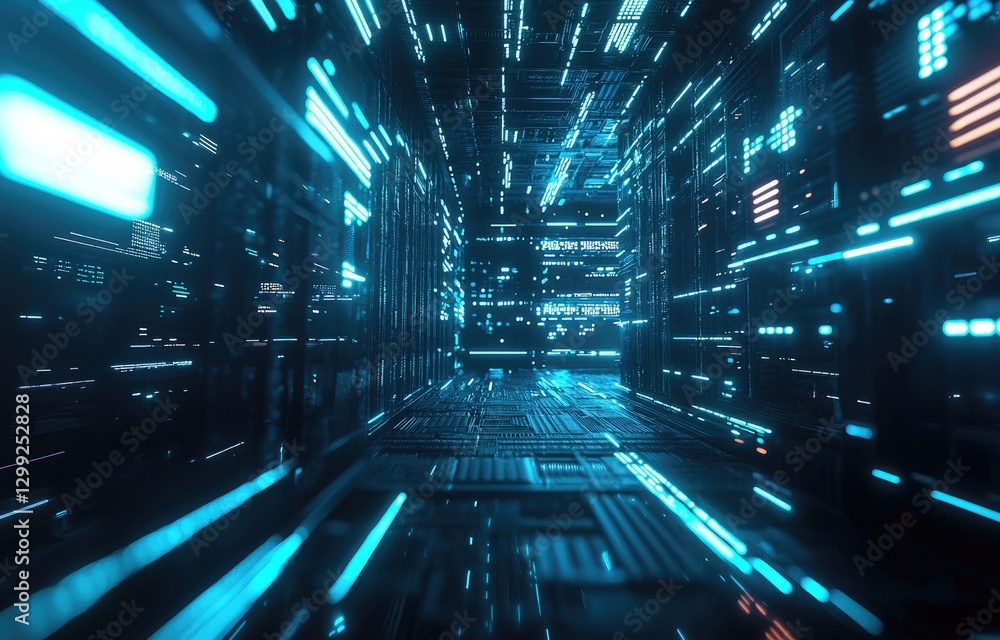 Futuristic digital corridor with glowing blue circuits, advanced server walls, and cyber grid patterns. Ideal for AI, cybersecurity, cloud computing, and high-tech innovation themes Futuristic digital corridor with glowing blue circuits, advanced server walls, and cyber grid patterns. Ideal for AI, cybersecurity, cloud computing, and high-tech innovation themes
