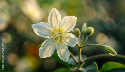 Close up of beautiful white lily flower with green leaf background.