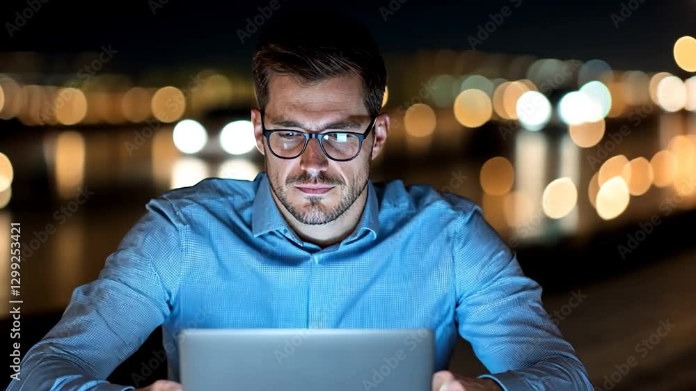 Man working on a laptop at night by the river, illuminated city lights in the background Man working on a laptop at night by the river, illuminated city lights in the background