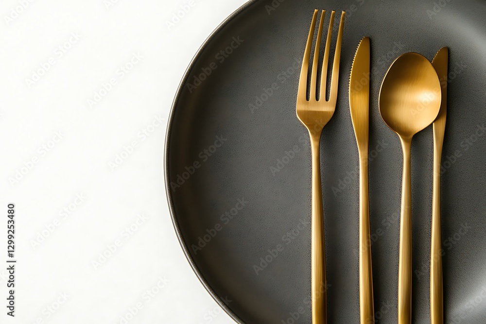 Elegant Gold Cutlery Set on Dark Grey Plate Elegant Gold Cutlery Set on Dark Grey Plate