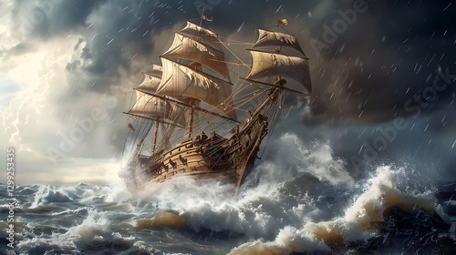 Fototapeta Naklejka Na Ścianę i Meble -  Sailing ship in stormy sea. 3d render illustration.