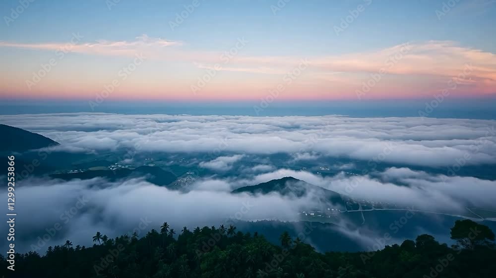 Mystical Mountain Landscape with Sea of Clouds at Sunrise or Sunset Mystical Mountain Landscape with Sea of Clouds at Sunrise or Sunset