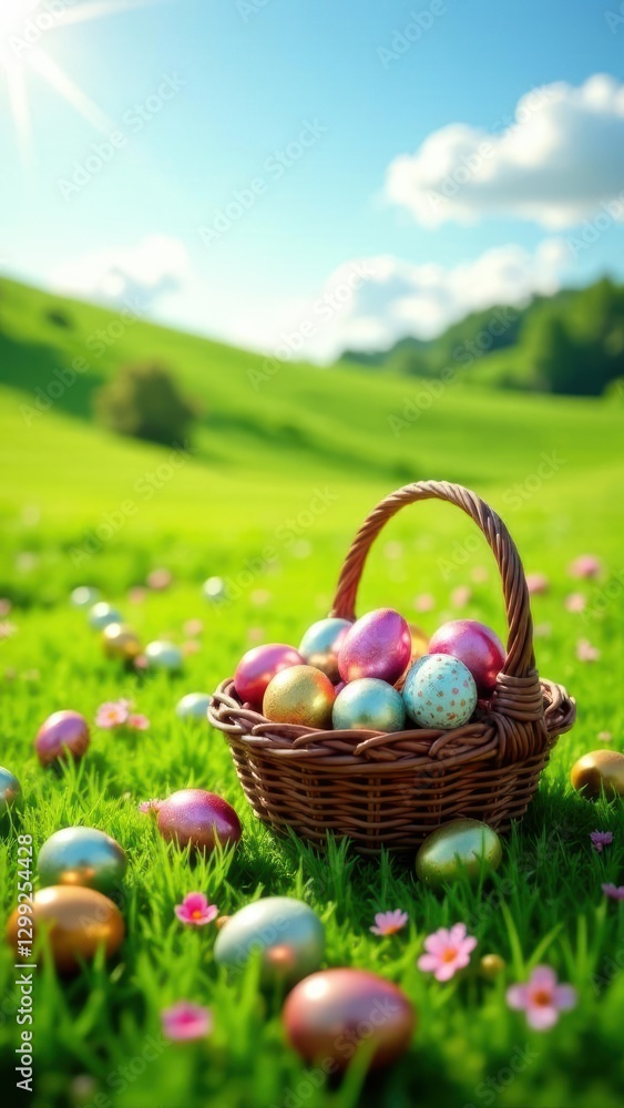 Easter eggs in basket, digital art, green meadow, celebration Easter eggs in basket, digital art, green meadow, celebration