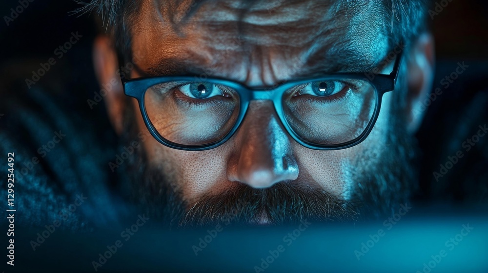 Close-up of a man with glasses staring intensely at a computer screen showing focus and concentration late at night. Generative AI Close-up of a man with glasses staring intensely at a computer screen showing focus and concentration late at night. Generative AI