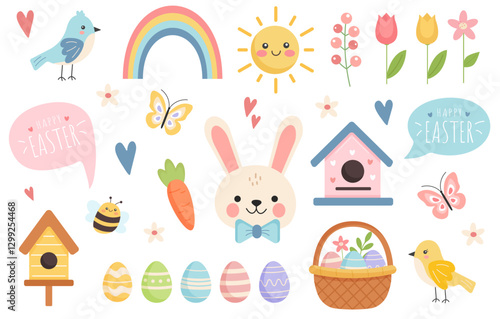 Cute Easter clipart set with bunny, eggs, birds and spring elements. Festive holiday collection. Vector illustration