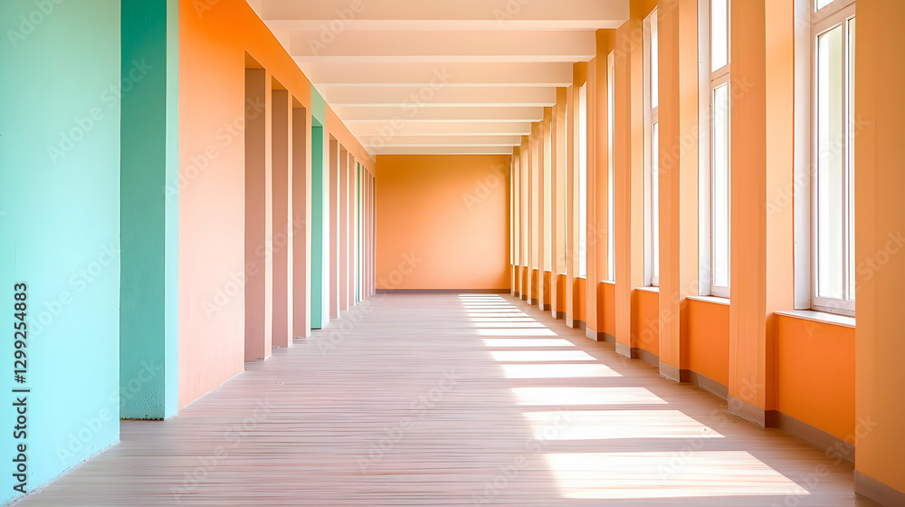 Fototapeta premium Long Hallway with Orange and Teal Walls with Sunlight and Windows