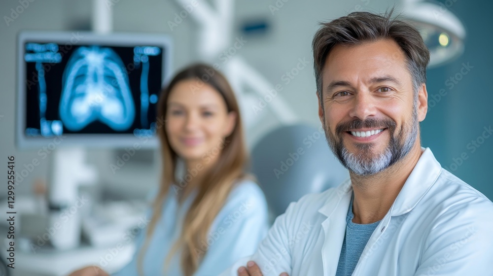 Doctors standing confidently with a patient in a healthcare office showing an X-ray scan. Generative AI Doctors standing confidently with a patient in a healthcare office showing an X-ray scan. Generative AI
