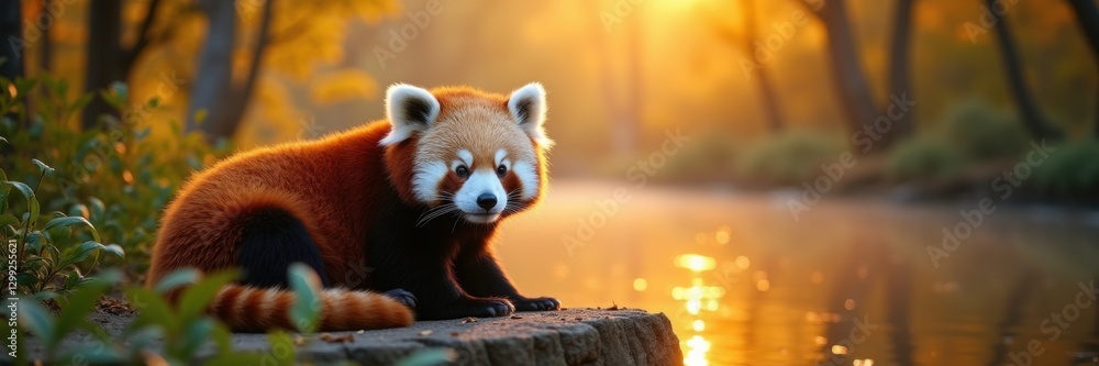 Fototapeta premium A serene red panda sits at the edge of a tranquil river during golden hour, beautifully capturing nature's peaceful essence.