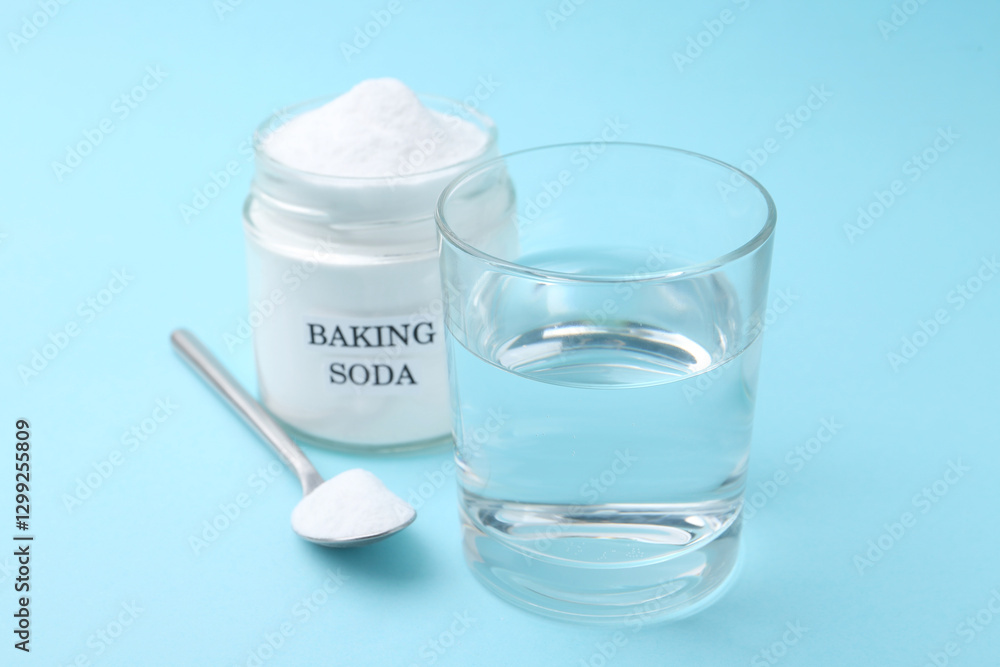 Glass of water and baking soda on light blue background, selective focus Glass of water and baking soda on light blue background, selective focus