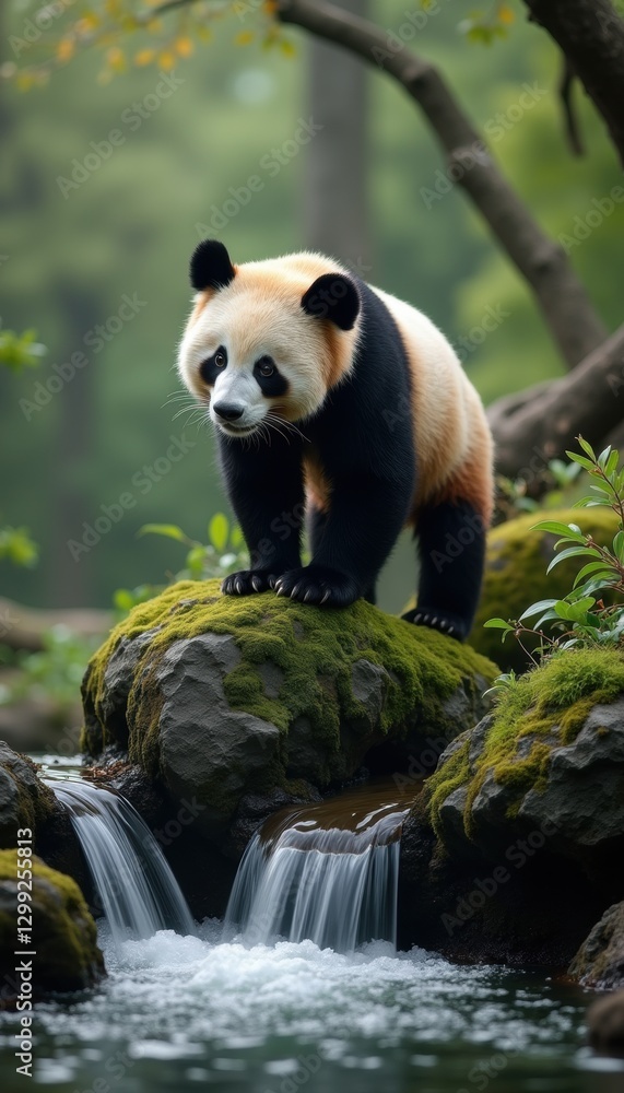 Fototapeta premium A majestic panda stands on a rock by a serene waterfall, surrounded by lush greenery, showcasing the beauty of wildlife in its natural habitat.