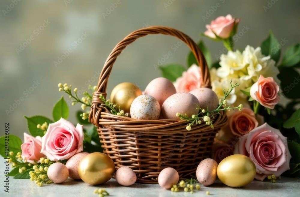 Easter eggs in basket, floral style, soft background, celebration concept Easter eggs in basket, floral style, soft background, celebration concept