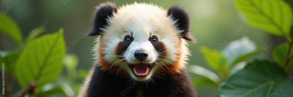 Obraz premium Adorable panda cub with a joyful expression, surrounded by lush green foliage, capturing the essence of wildlife and nature's charm.