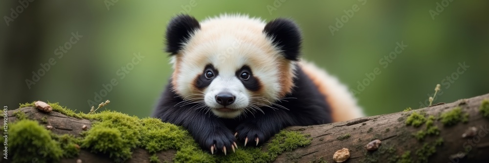 Adorable young panda resting on a mossy log, surrounded by lush greenery, showcasing its distinctive black and white fur in a serene natural habitat. Adorable young panda resting on a mossy log, surrounded by lush greenery, showcasing its distinctive black and white fur in a serene natural habitat.